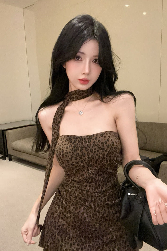 💕夏季性感豹紋抹胸不規則連身包臀短裙