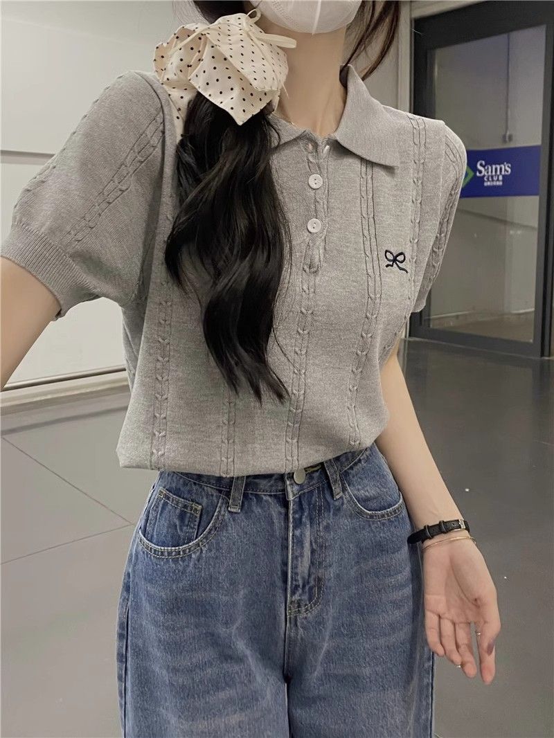 💕百搭甜美POLO領蝴蝶結刺繡針織衫