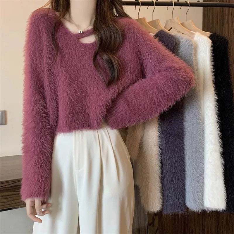 💕秋冬慵懶軟糯水貂毛短款上衣