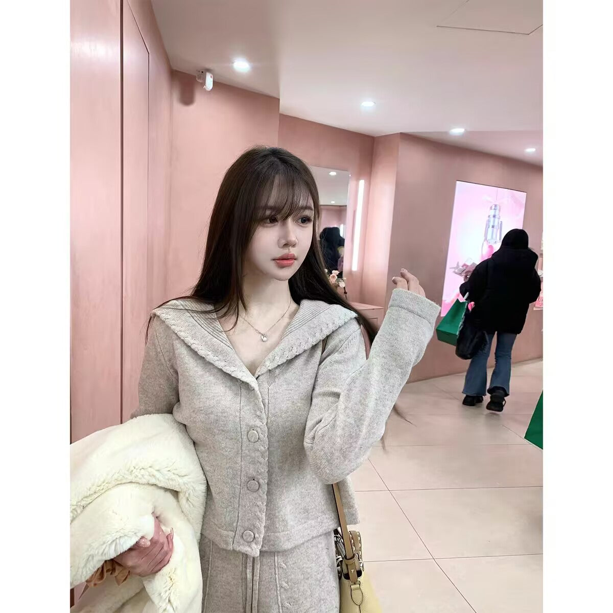 💕春日top麻花海軍領針織開衫套裝