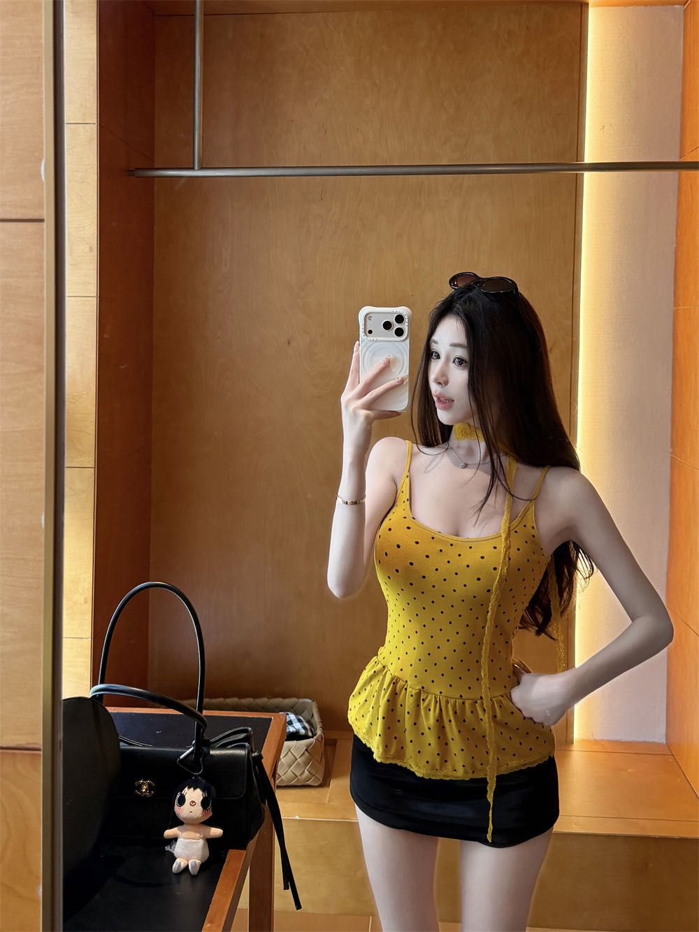 💕帶胸墊純欲交叉吊帶美背點點顯瘦修身上衣