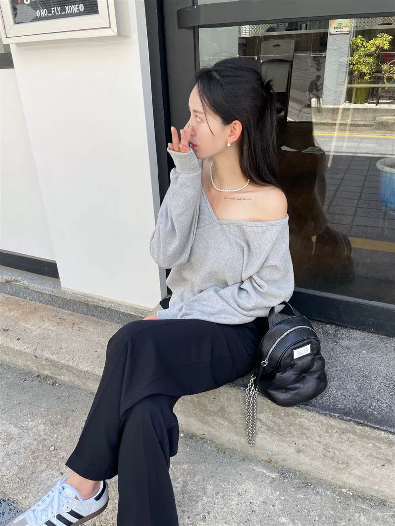 💕韓系露肩不規則休閒純色衛衣