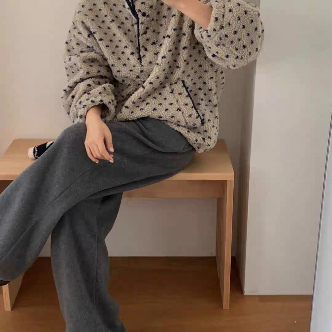 💕ins風立領點點搖粒絨休閒寬鬆衛衣