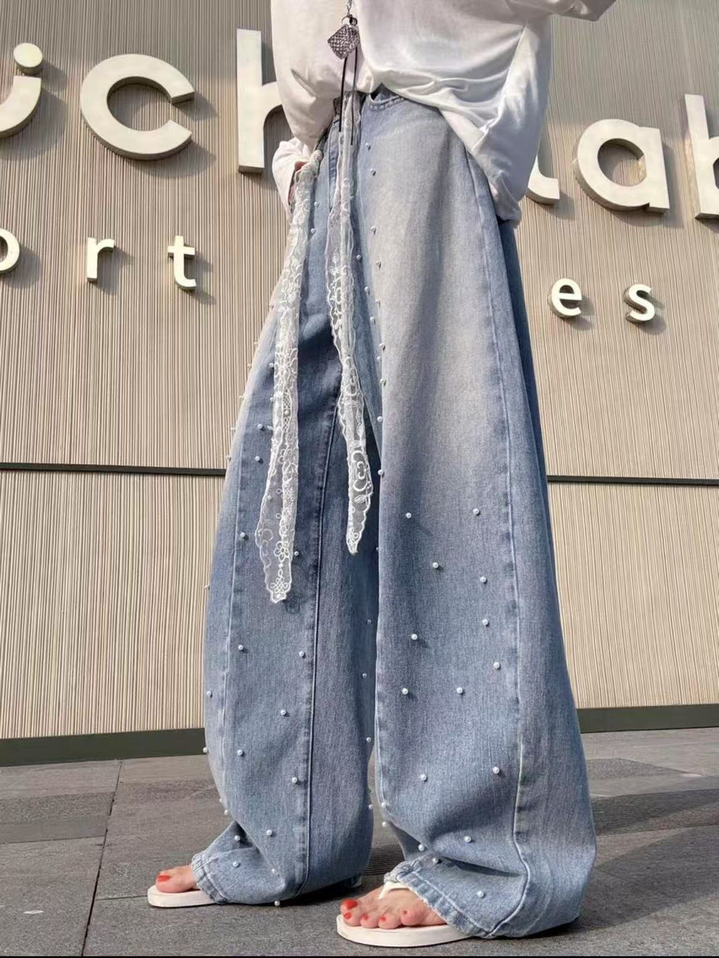 💕清透感溫柔通勤百搭磨白釘珠珍珠牛仔褲
