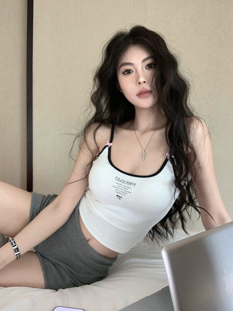 💕辣妹修身顯瘦蝴蝶結字母印花短款吊帶背心上衣
