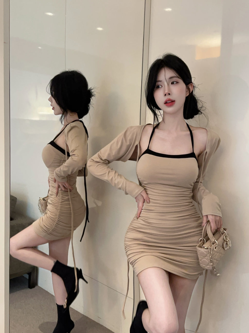 💕拚色系繩多種穿法包臀連身短裙+長袖短款罩衫兩件套