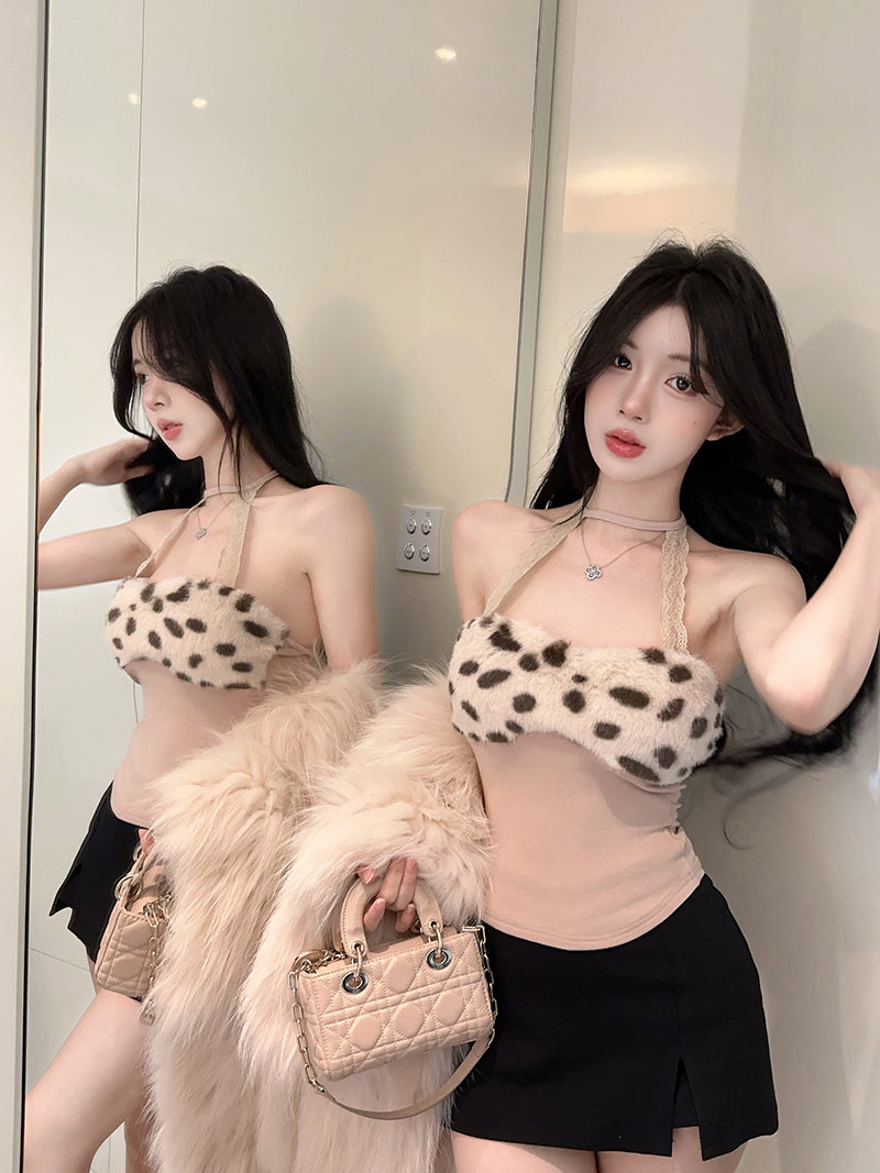 💕蕾絲掛脖拼接毛絨絨短款背心