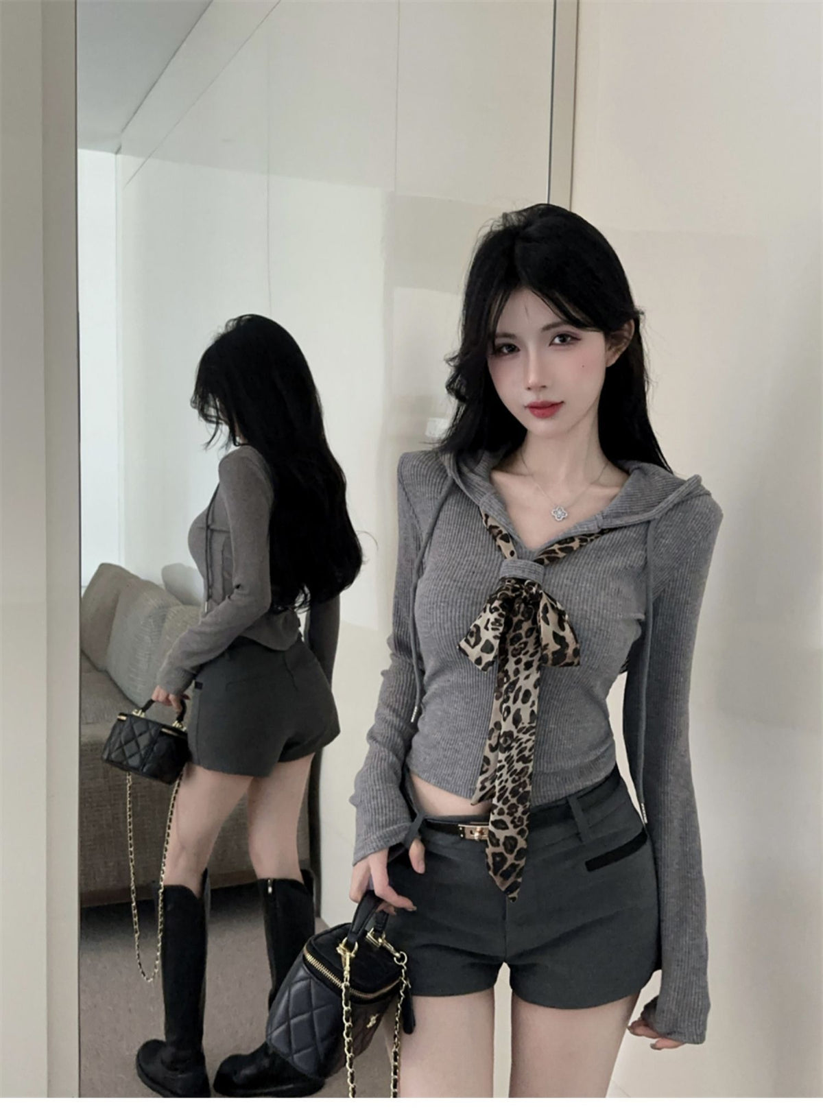 💕御姊V領豹紋領帶拼接打底連帽上衣
