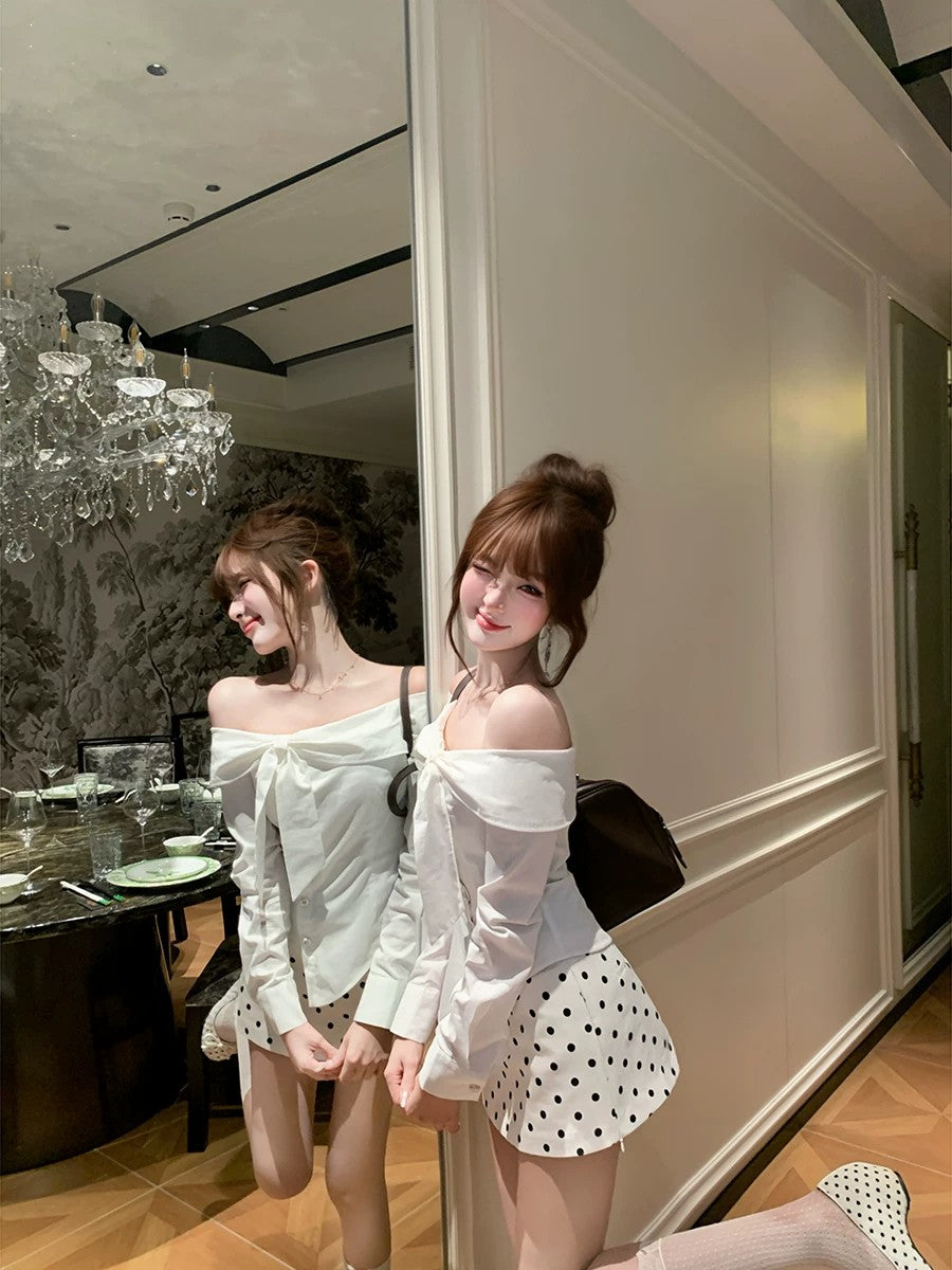 💕chic韓系一字領不規則上衣點點短裙套裝