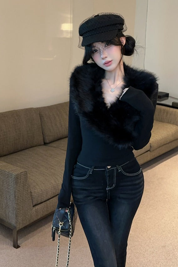💕純欲辣妹毛領拼接V領長袖修身上衣