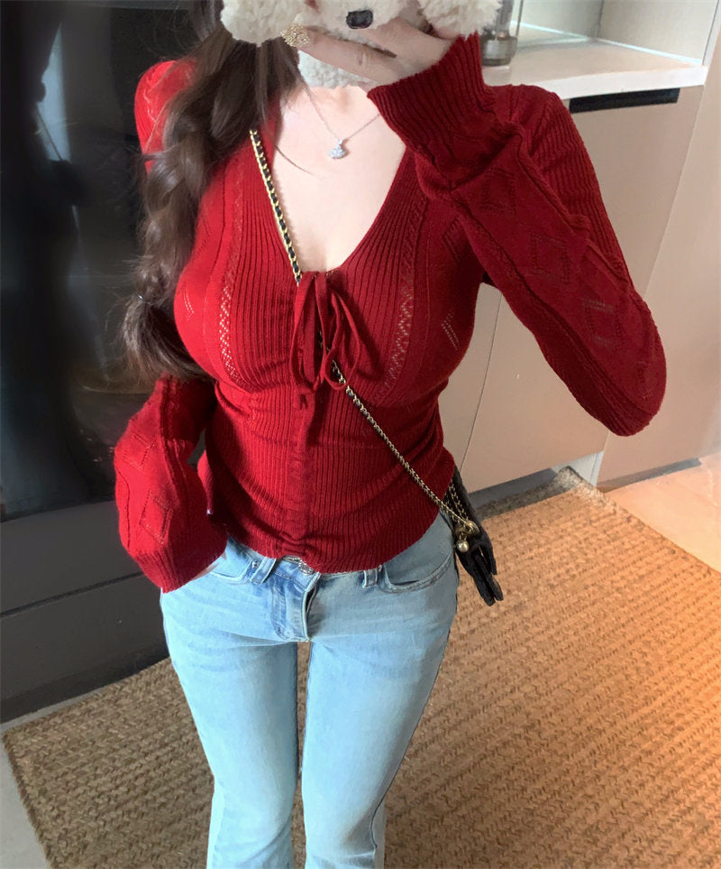 💕百搭簡約蝴蝶結系帶V領長袖針織顯瘦上衣