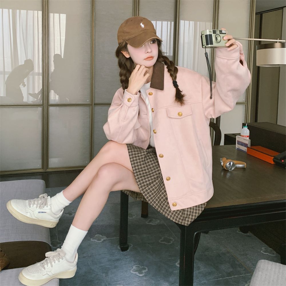 💕韓系甜美溫柔粉色麂皮絨短款休閒夾克外套