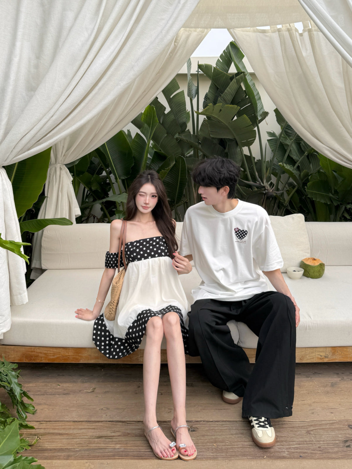 💕法式赫本復古點點抹胸連衣裙情侶套裝