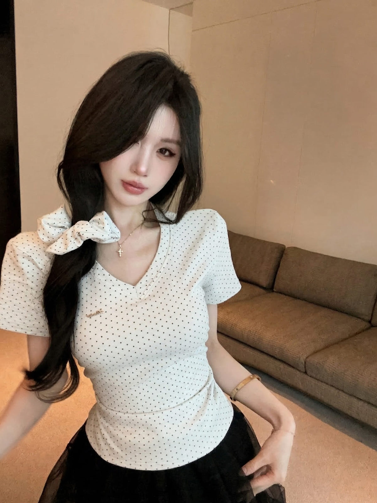 💕氣質星星點點V領短袖上衣