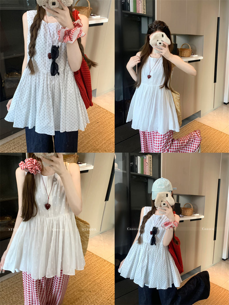 💕溫柔無袖印花蓬蓬背心襯衫