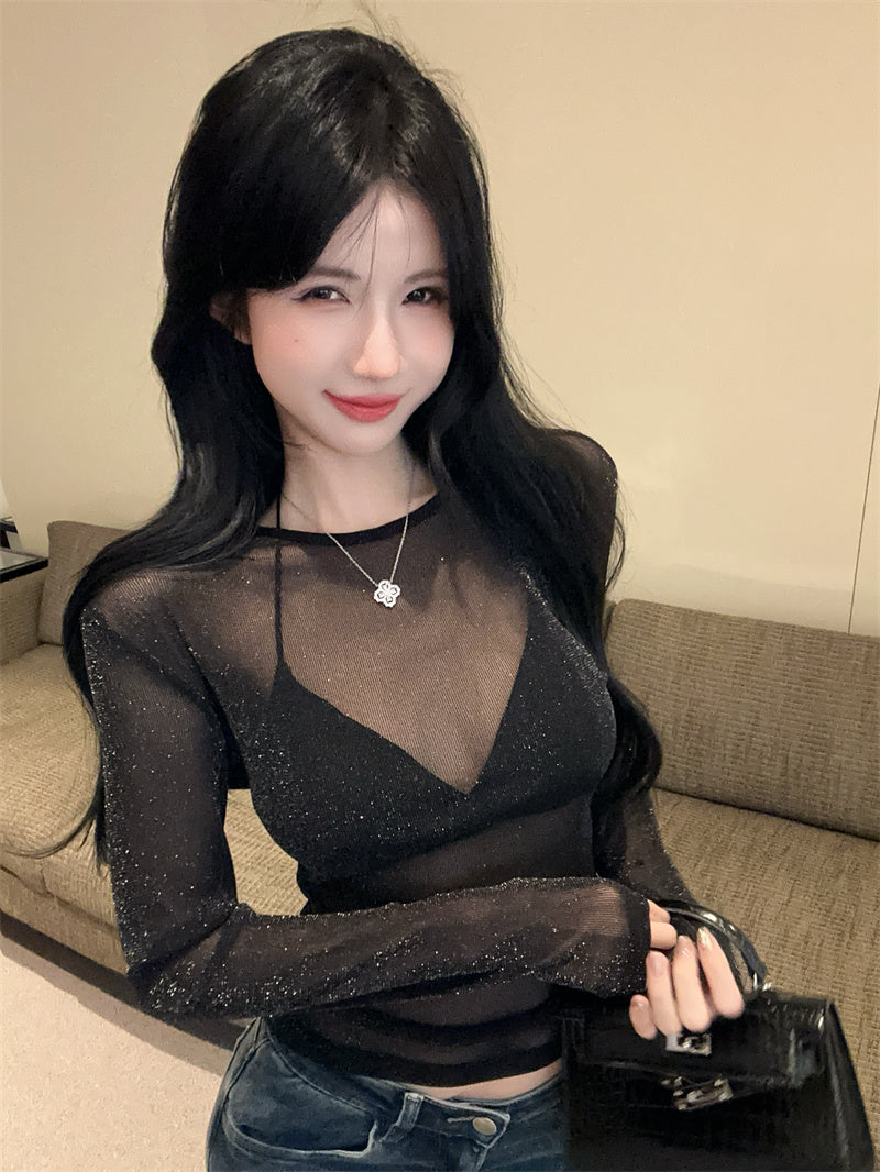 💕韓系高級感細閃網紗微透性感內搭打底衫上衣