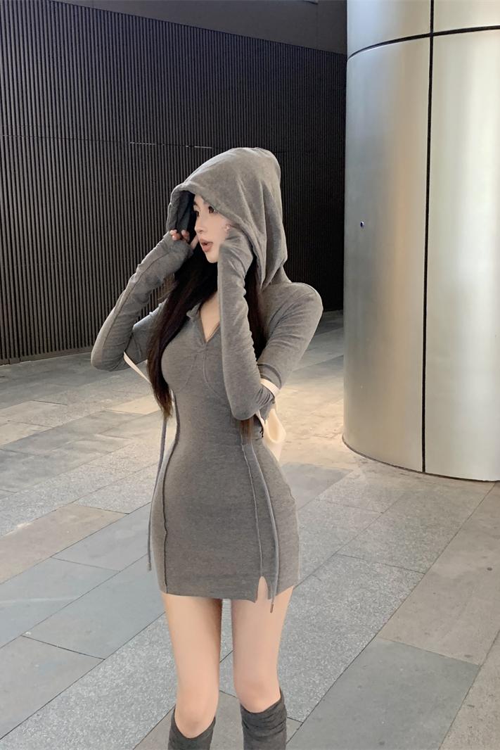 💕秋款連帽長袖收腰緊身包臀裙