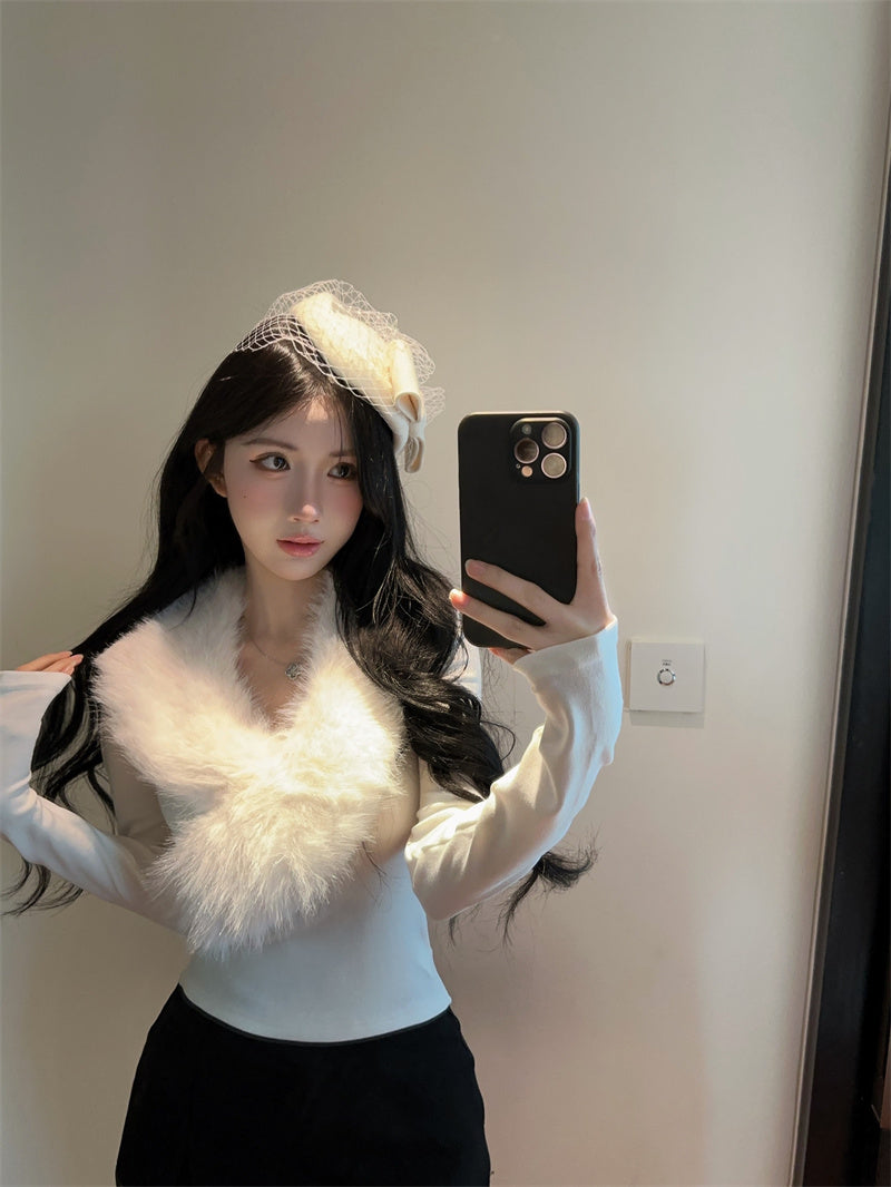 💕純欲辣妹毛領拼接V領長袖修身上衣