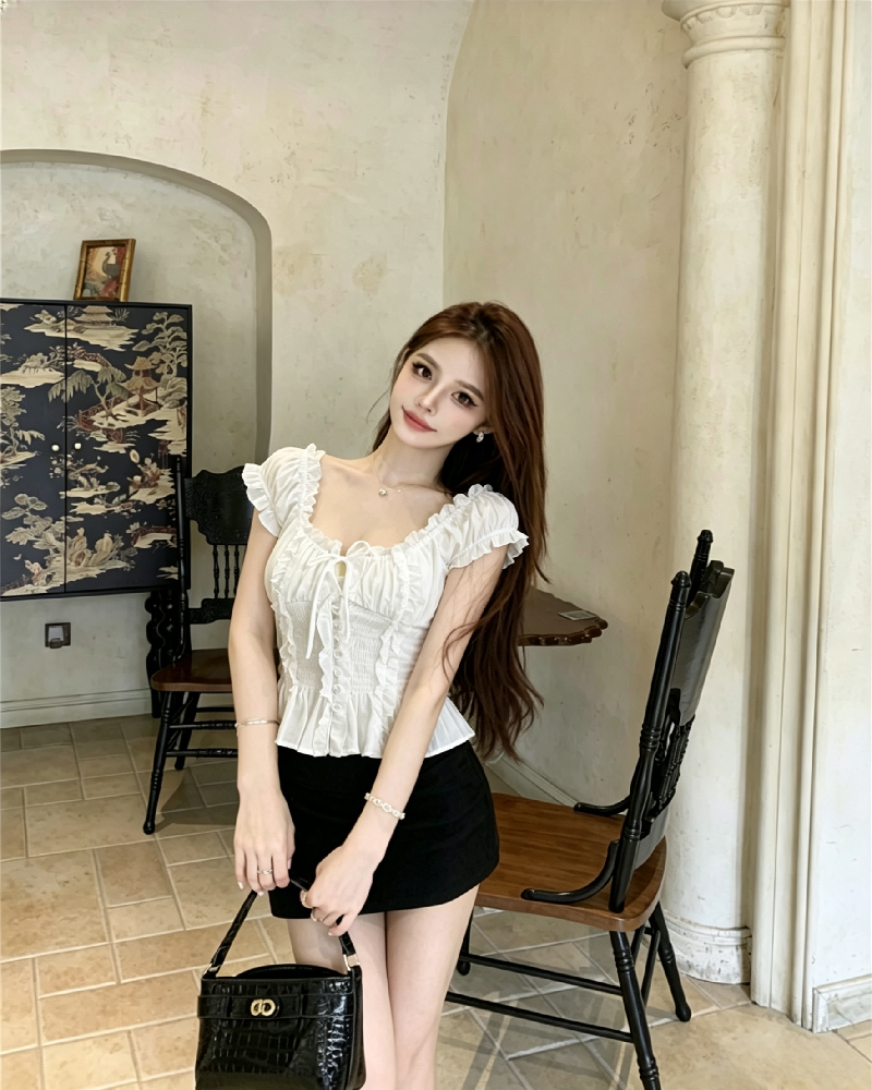 💕褶皺木耳邊一字肩襯衫法式上衣