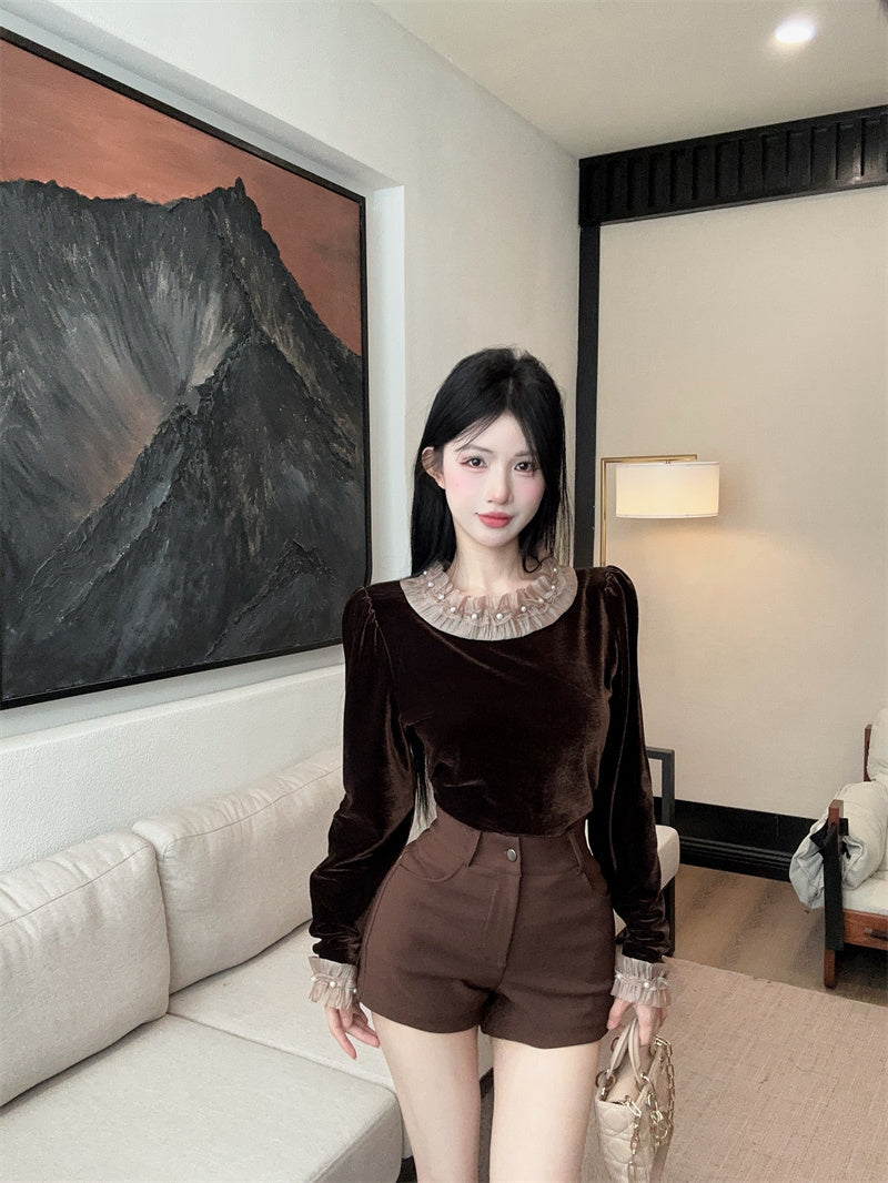 💕chic韓系小個子泡泡袖絲絨上衣
