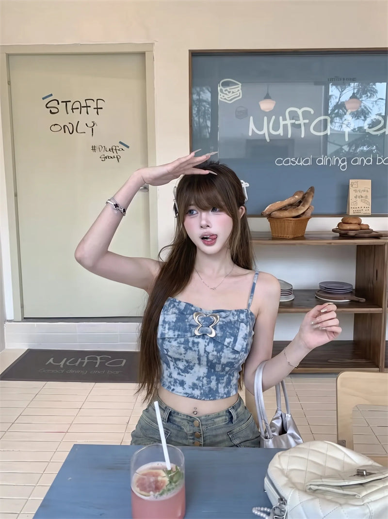 💕時尚辣妹性感牛仔藍扎染吊帶背心