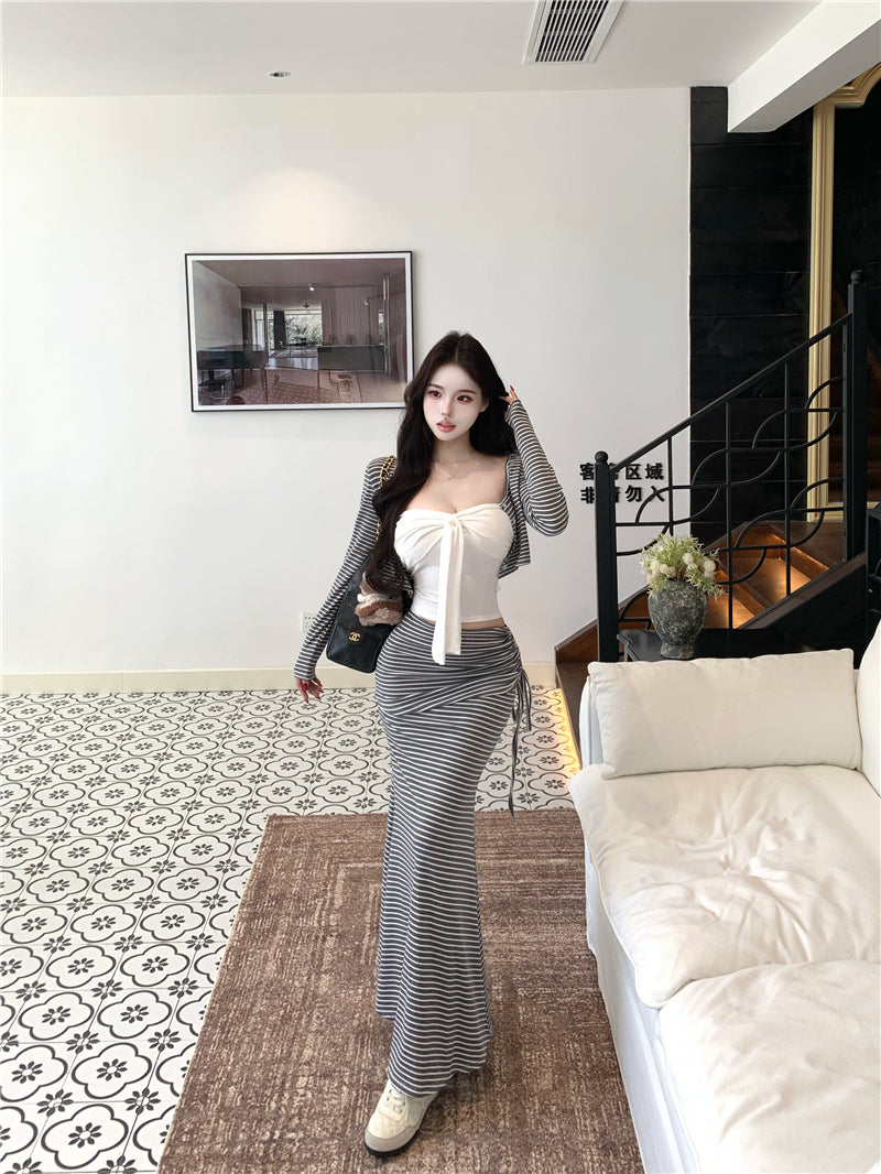 💕氣質純欲短款吊帶高腰條紋三件套