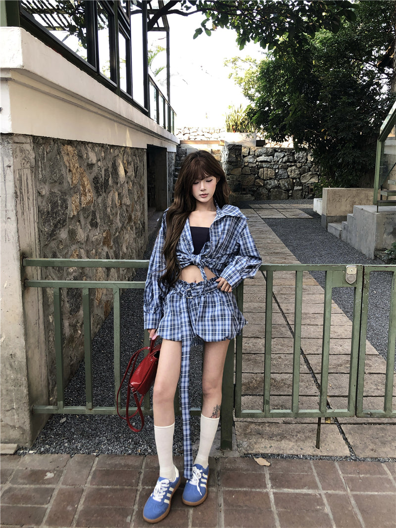 💕藍調風復古格紋襯衫短款褲裙兩件套