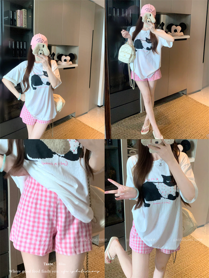 💕居家貓咪印花圓領T+格子短褲兩件套