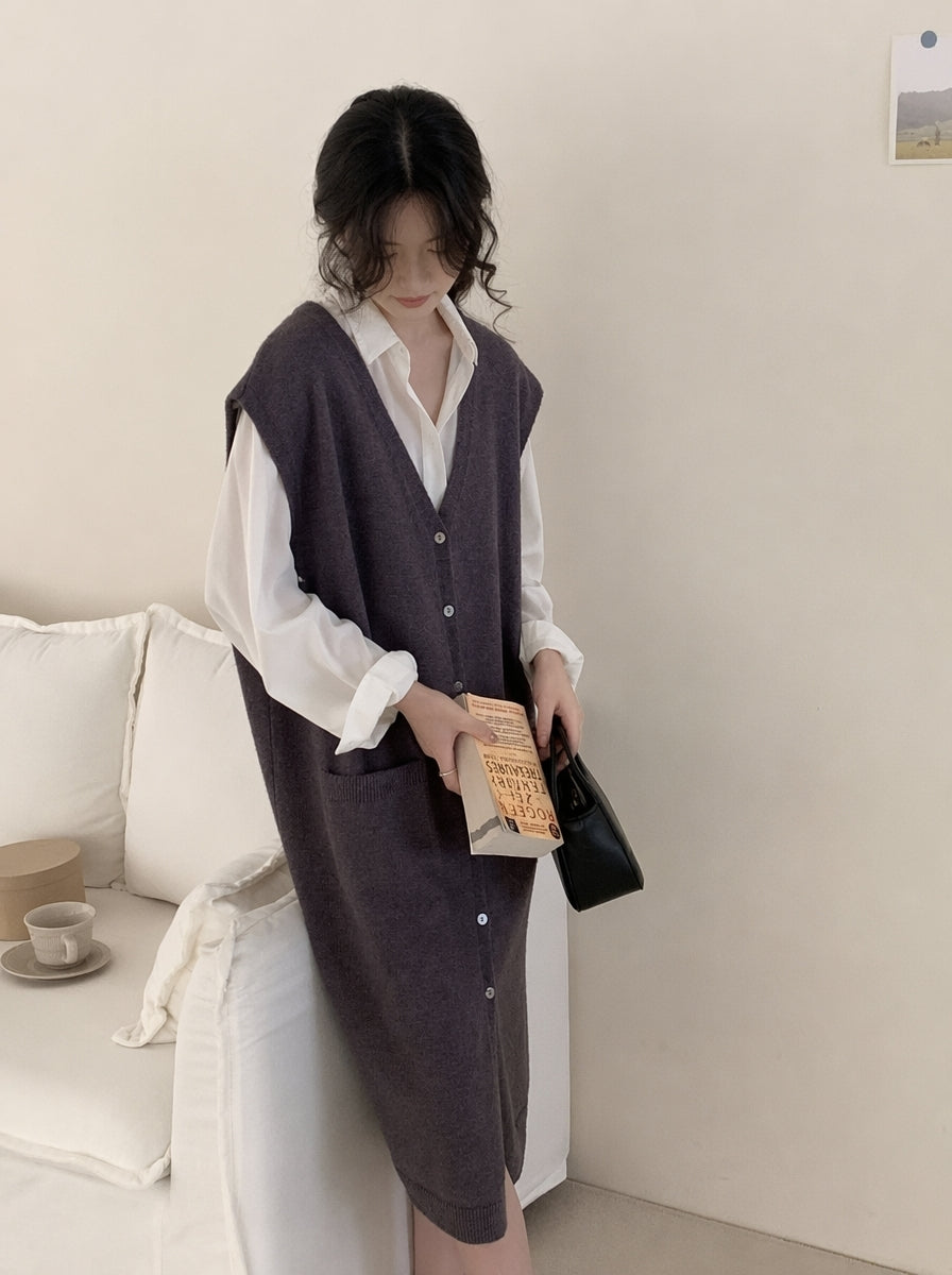 💕慵懶軟糯長款無袖坎肩馬甲針織衫