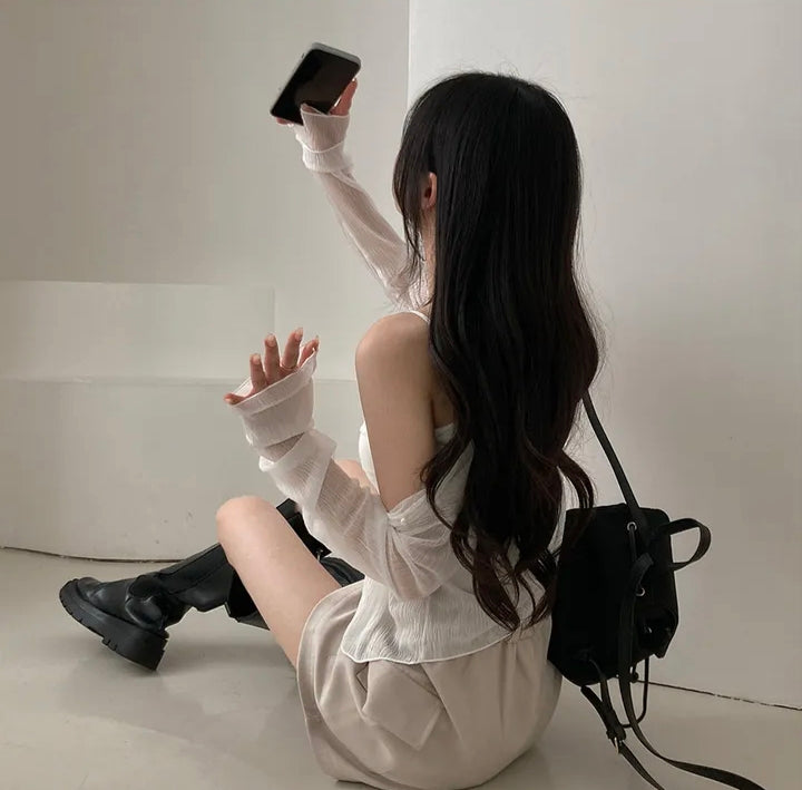 💕春夏防曬長袖雪紡開衫+網紗拼接針織吊帶