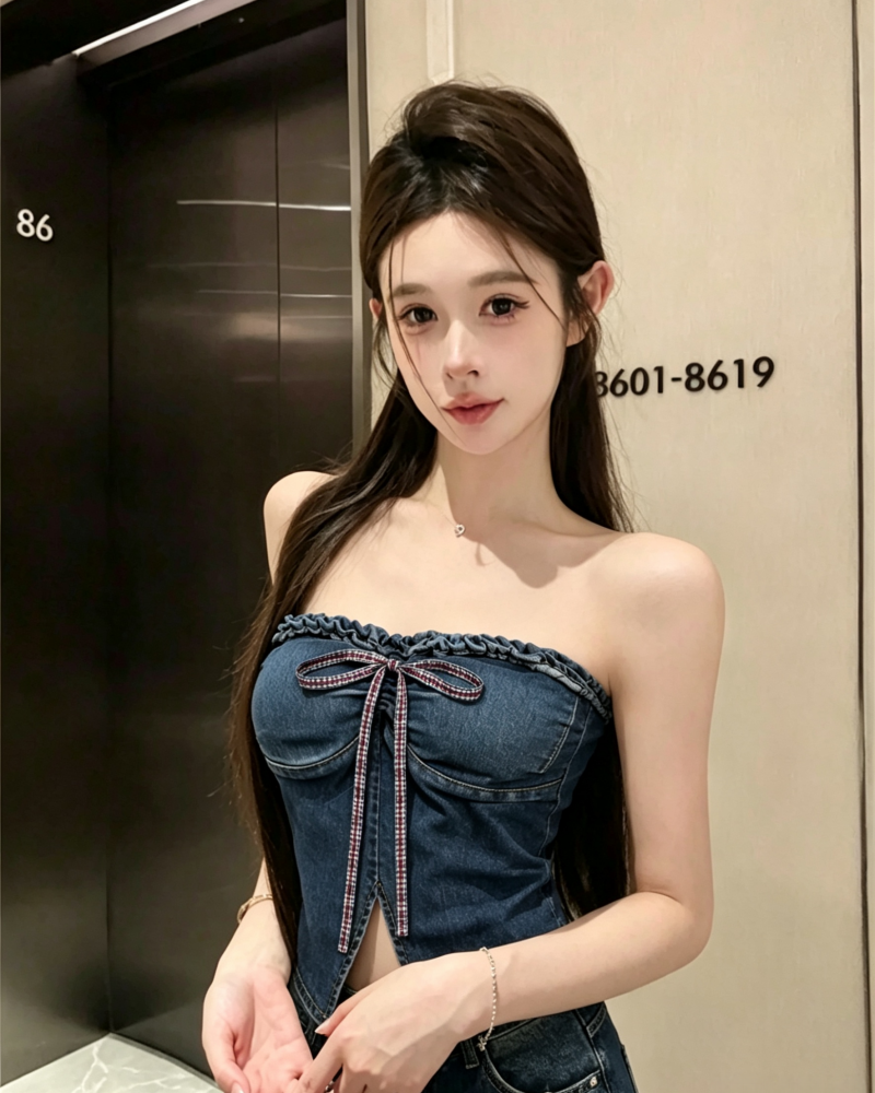💕不規則蝴蝶結牛仔一字肩抹胸上衣