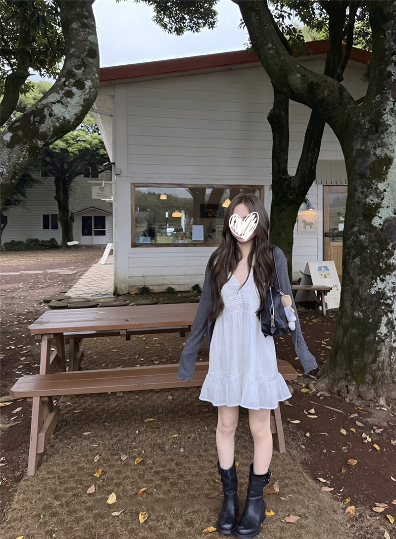 💕少女坑條理肌感針織開衫+蕾絲吊帶裙兩件套