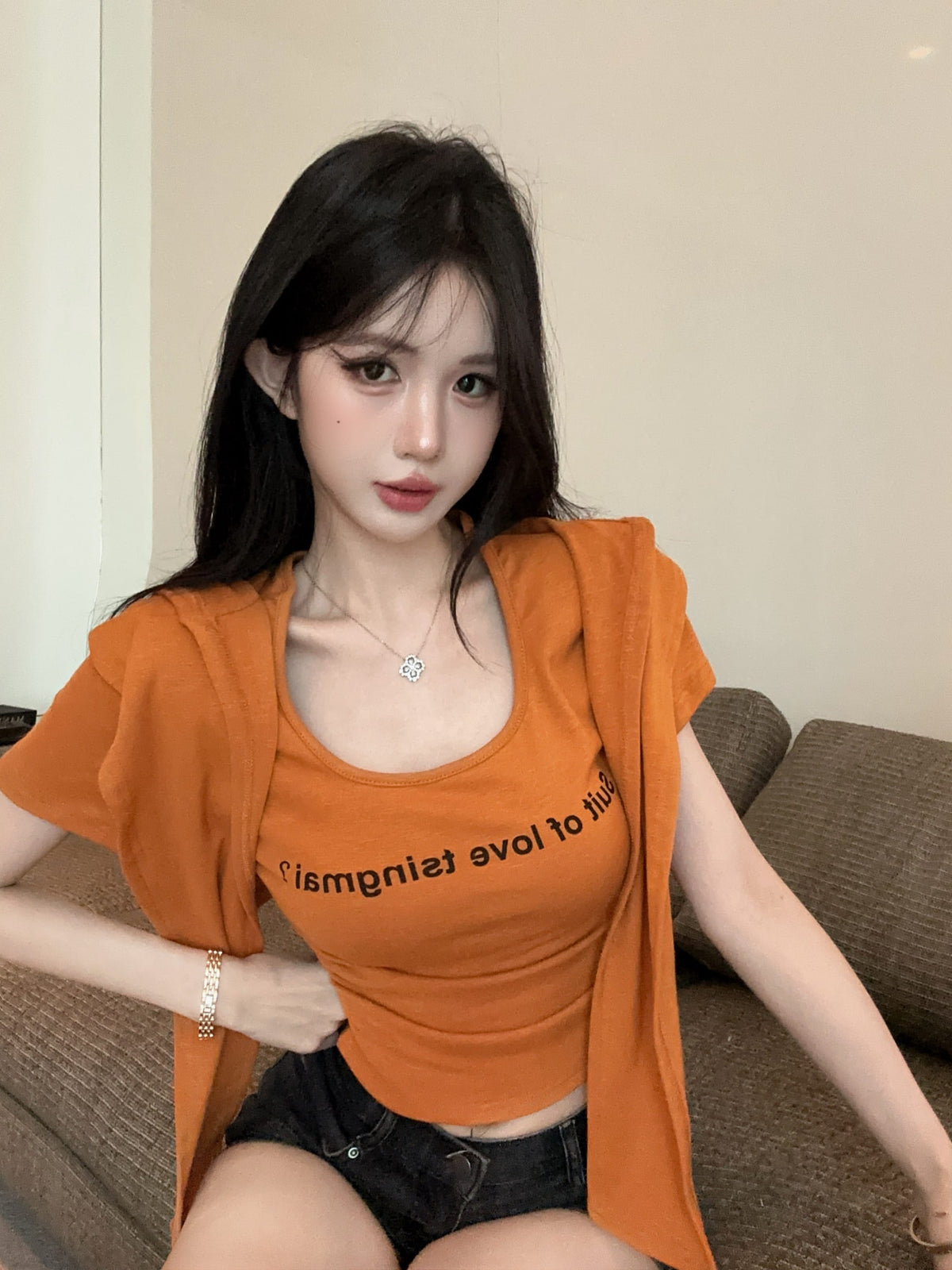 💕夏季時尚百搭圓領連帽披肩兩件套
