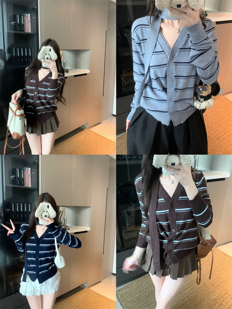💕法式學院風復古條紋掛脖針織V領上衣