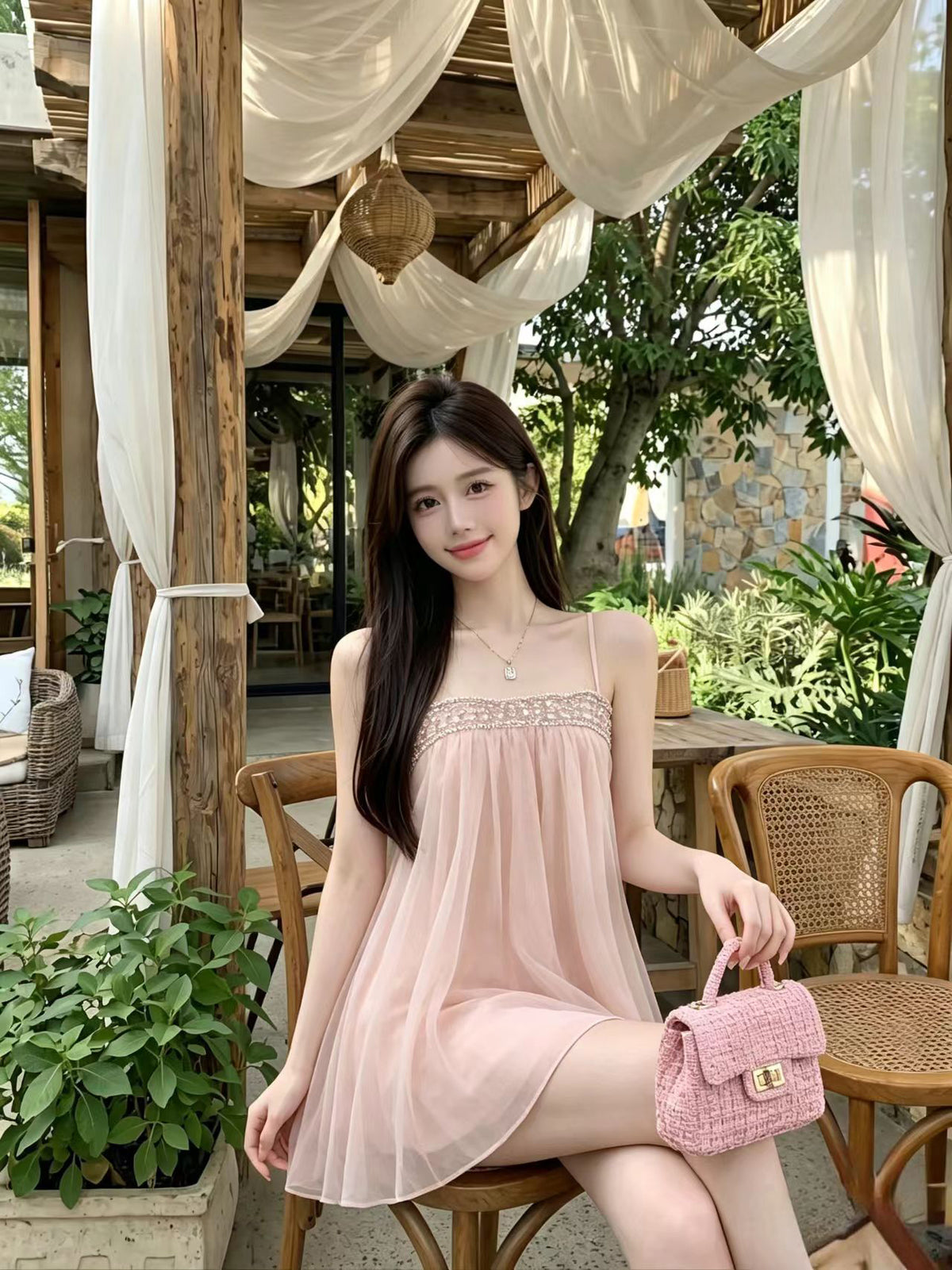 💕法式溫柔網紗無袖澎澎連衣裙