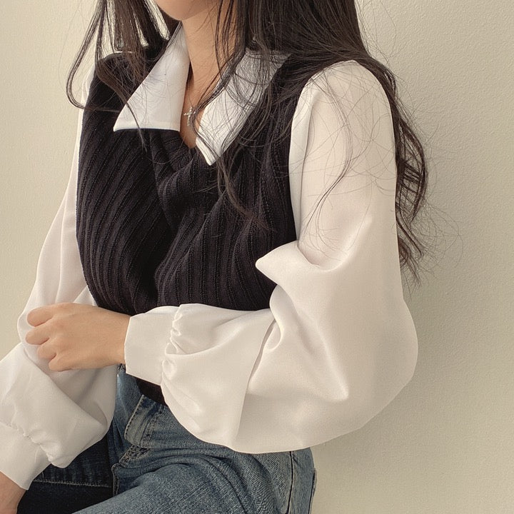 💕chic韓系假兩件拼接襯衫上衣
