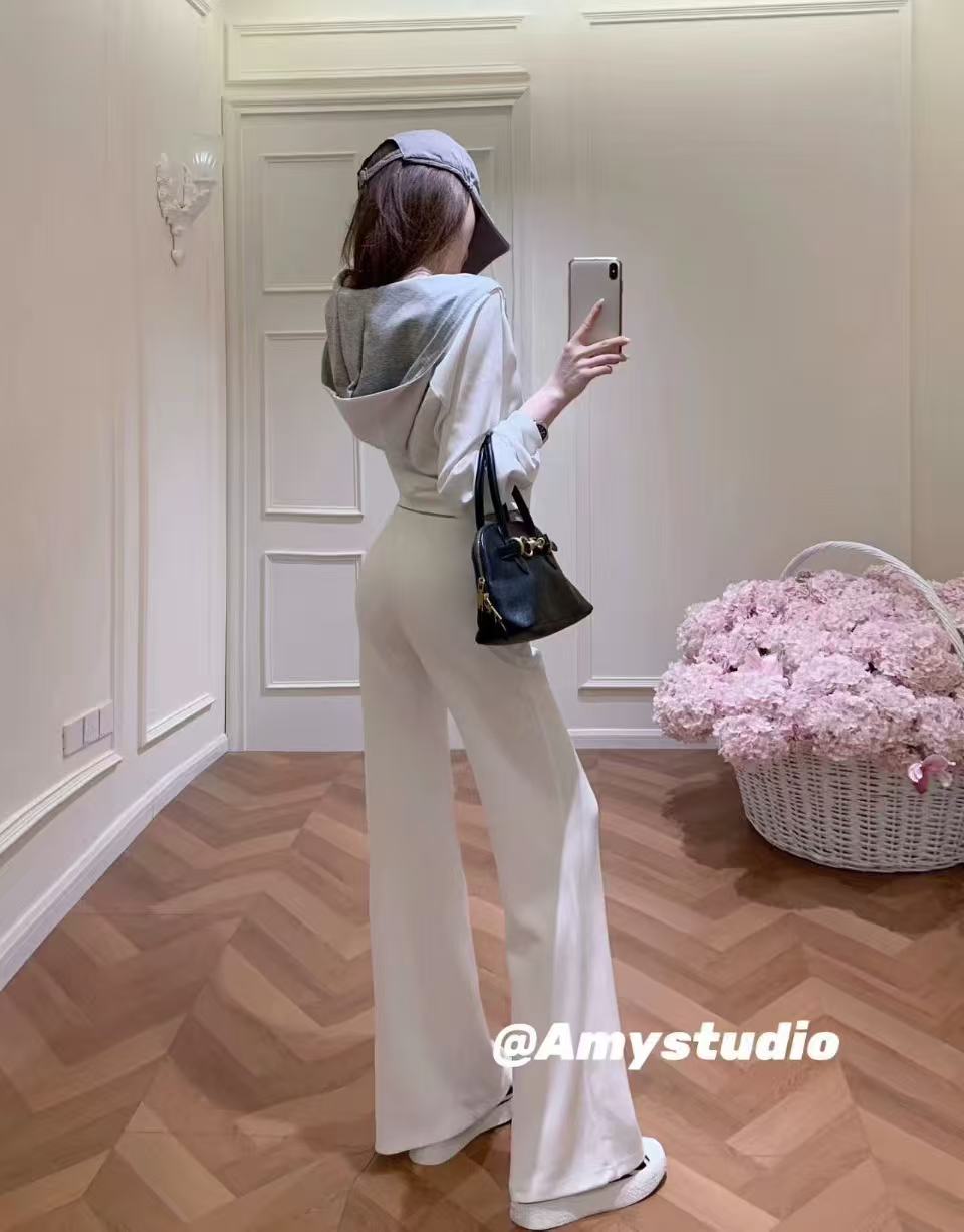 💕韓系撞色連帽開衫+吊帶+拼接休閒褲三件套