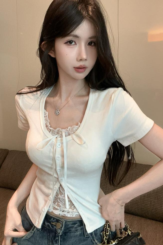 💕高級感假兩件短袖拼接蕾絲上衣