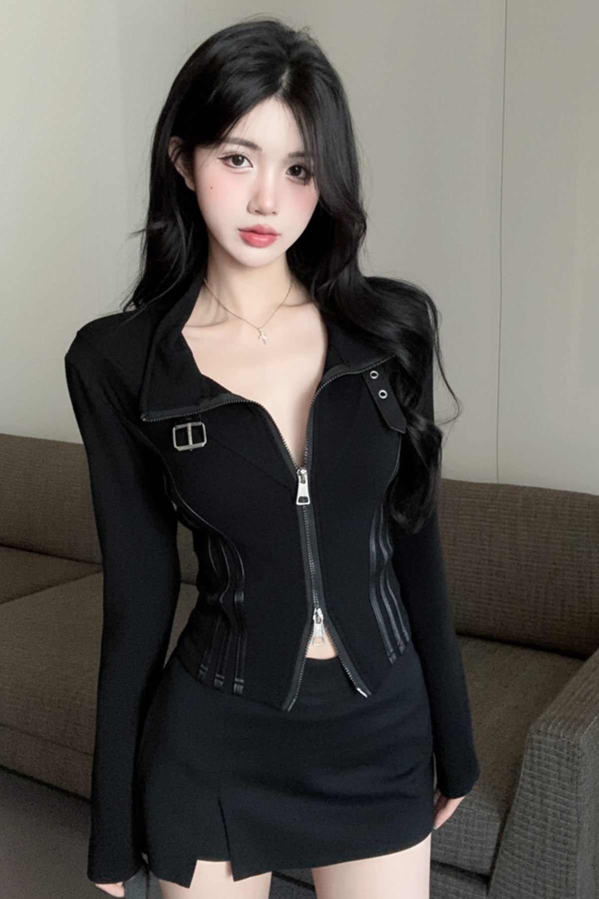 💕甜酷颯設計長袖翻領雙拉鍊顯瘦外套