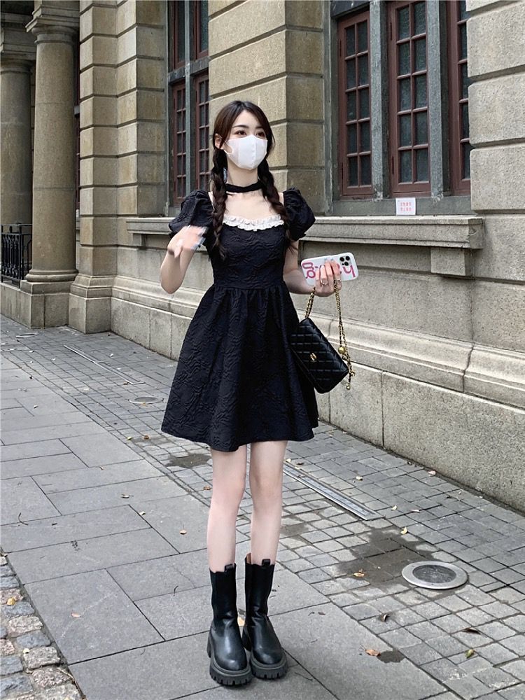 💕方領法式花邊露背蝴蝶結小個子澎澎短裙
