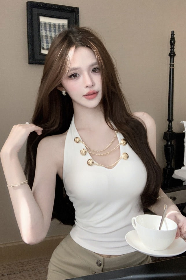 💕V領掛脖吊帶短版絕美上衣