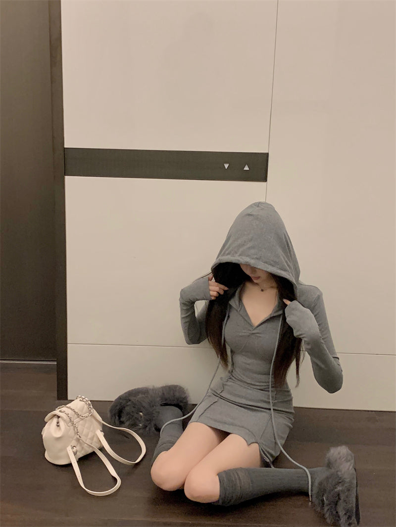 💕秋款連帽長袖收腰緊身包臀裙