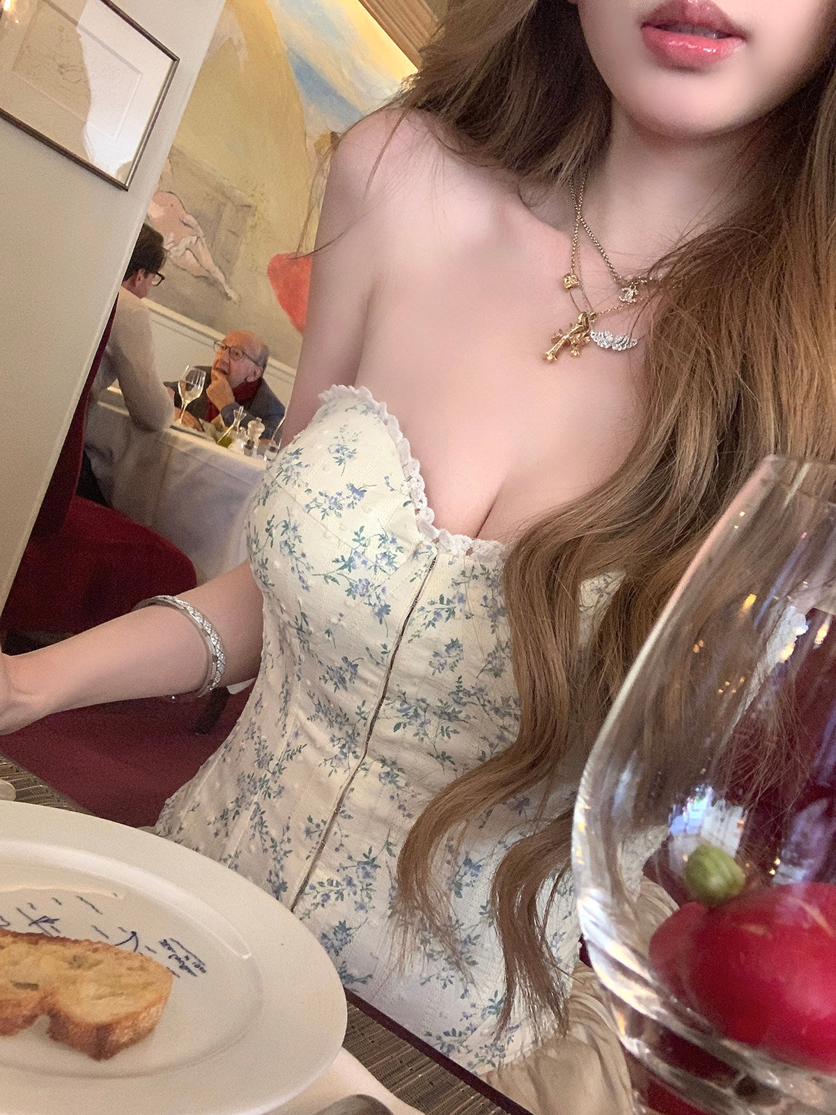 💕清新碎花蕾絲抹胸緞面半裙套裝