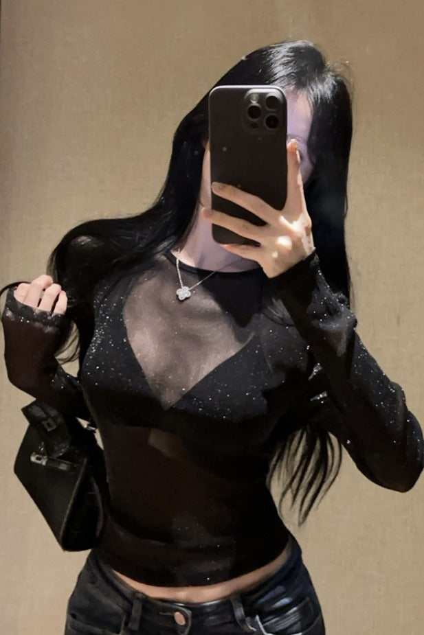 💕韓系高級感細閃網紗微透性感內搭打底衫上衣