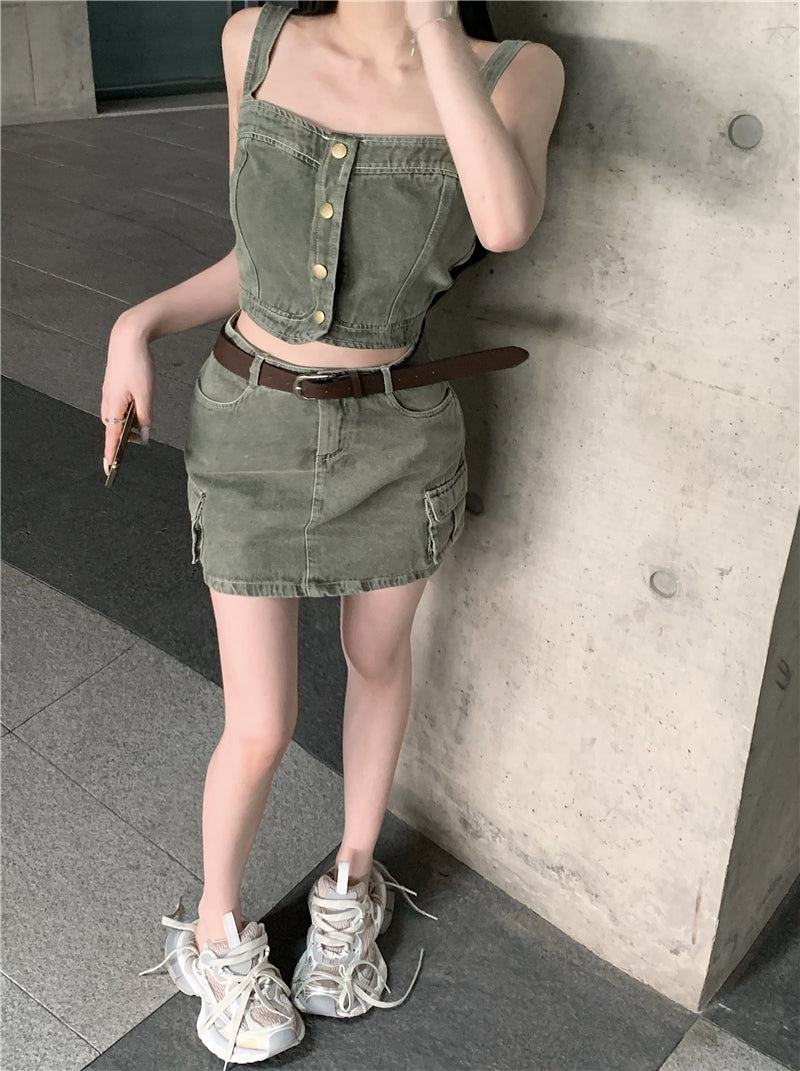 💕辣妹復古吊帶背心上衣配高腰半身裙牛仔套裝