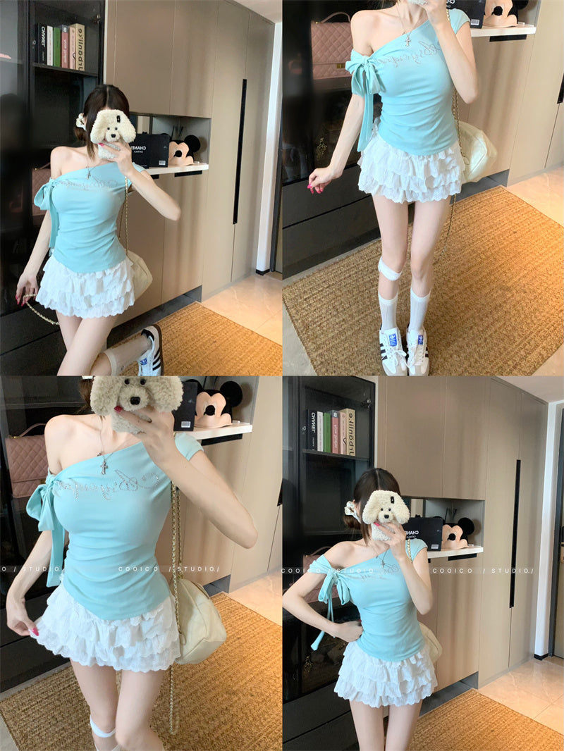 💕斜肩綁帶修身收腰短袖上衣