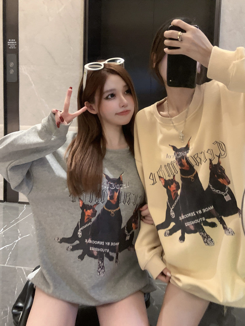 💕美式帥氣杜賓犬印花寬鬆中長衛衣