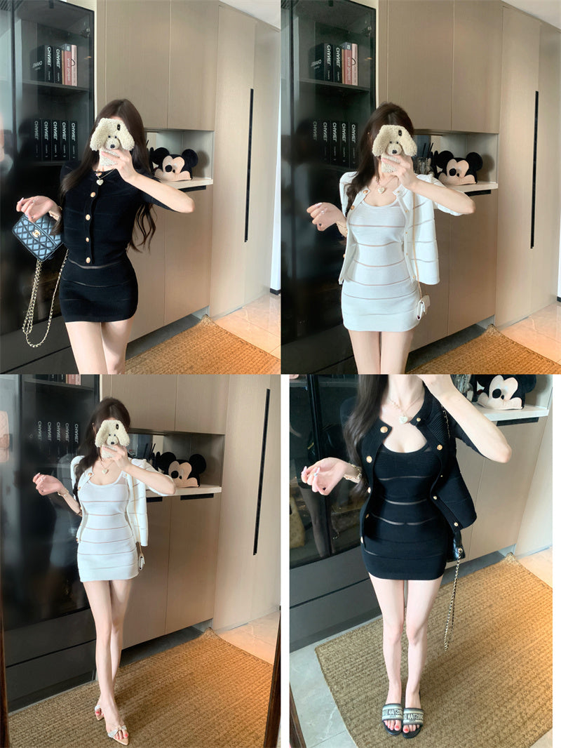 💕輕熟風拼接吊帶連衣裙外套套裝