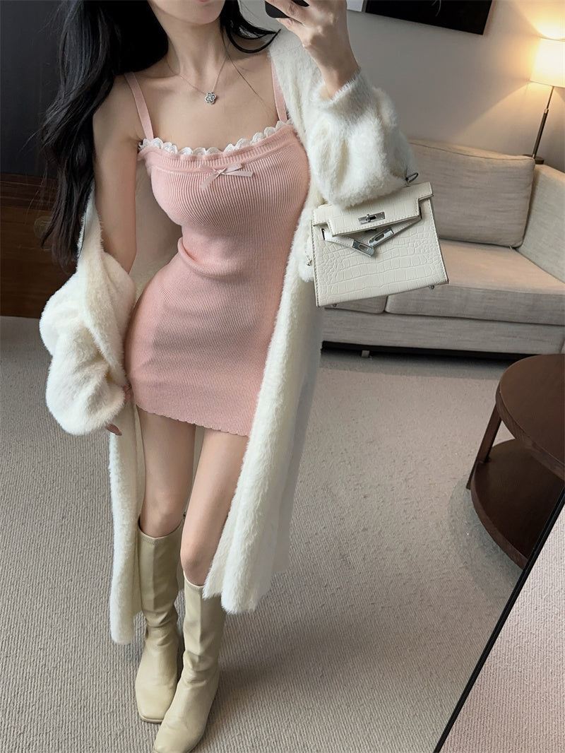 💕毛絨絨針織開衫純欲粉色吊帶裙兩件套
