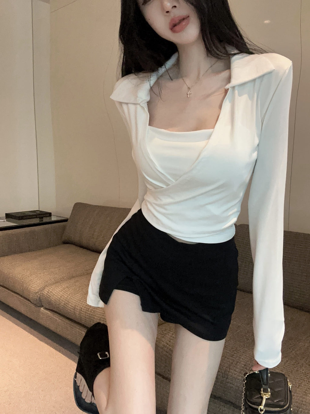 💕綁帶胸墊長袖翻領開衫吊帶兩件套